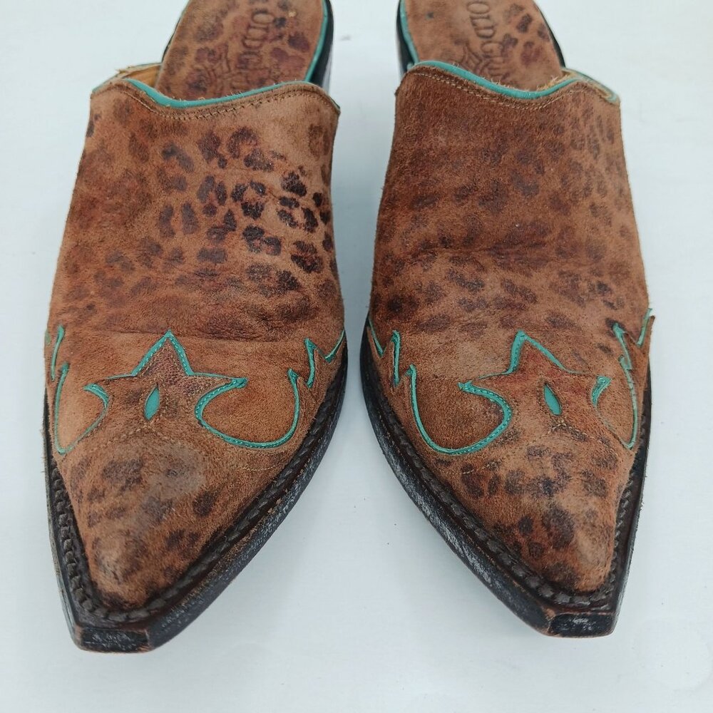 Old Gringo Leopard Print Suede Mules Size 5B Turq… - image 11